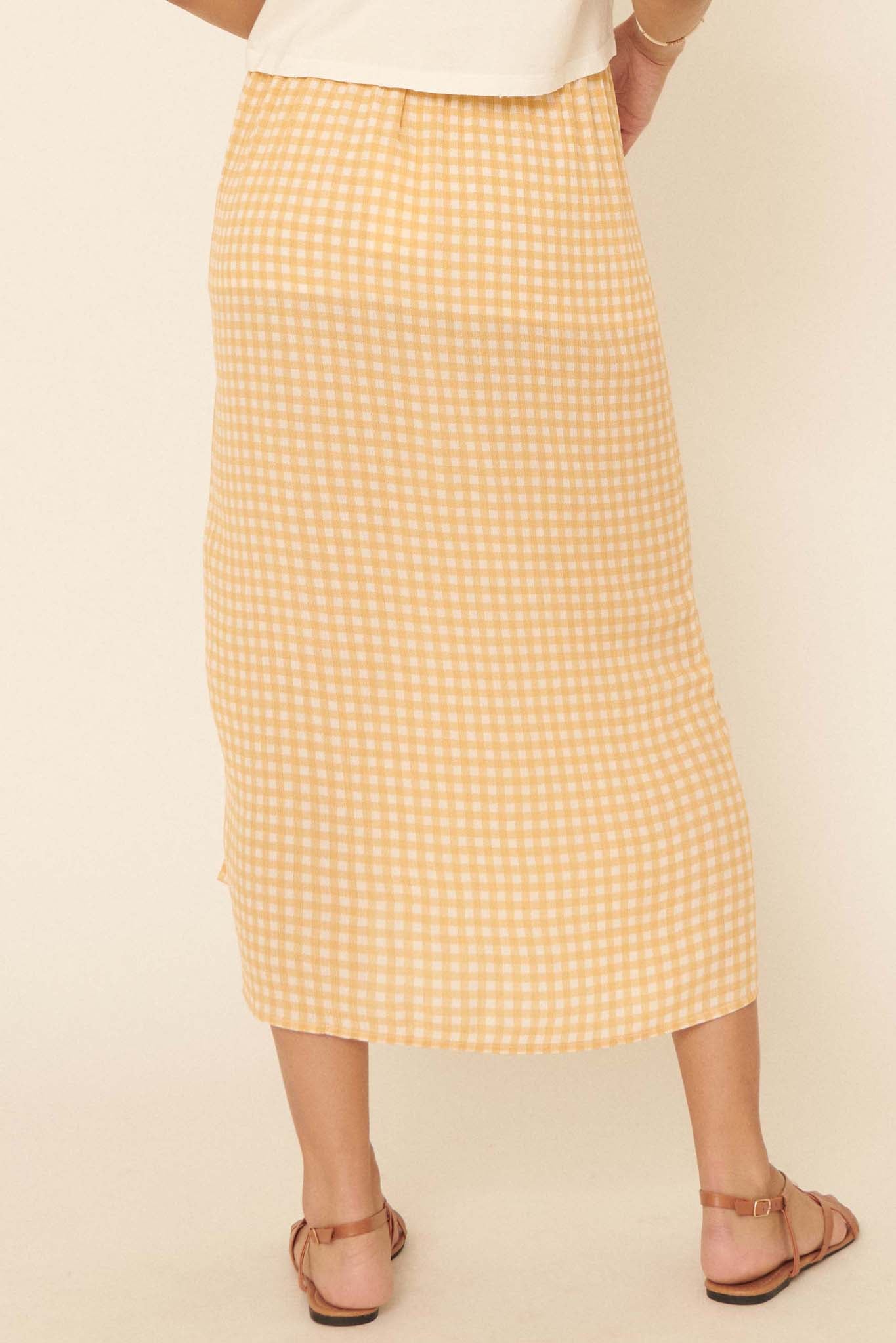 Hello Sunshine Ruched Gingham Midi Skirt - ShopPromesa