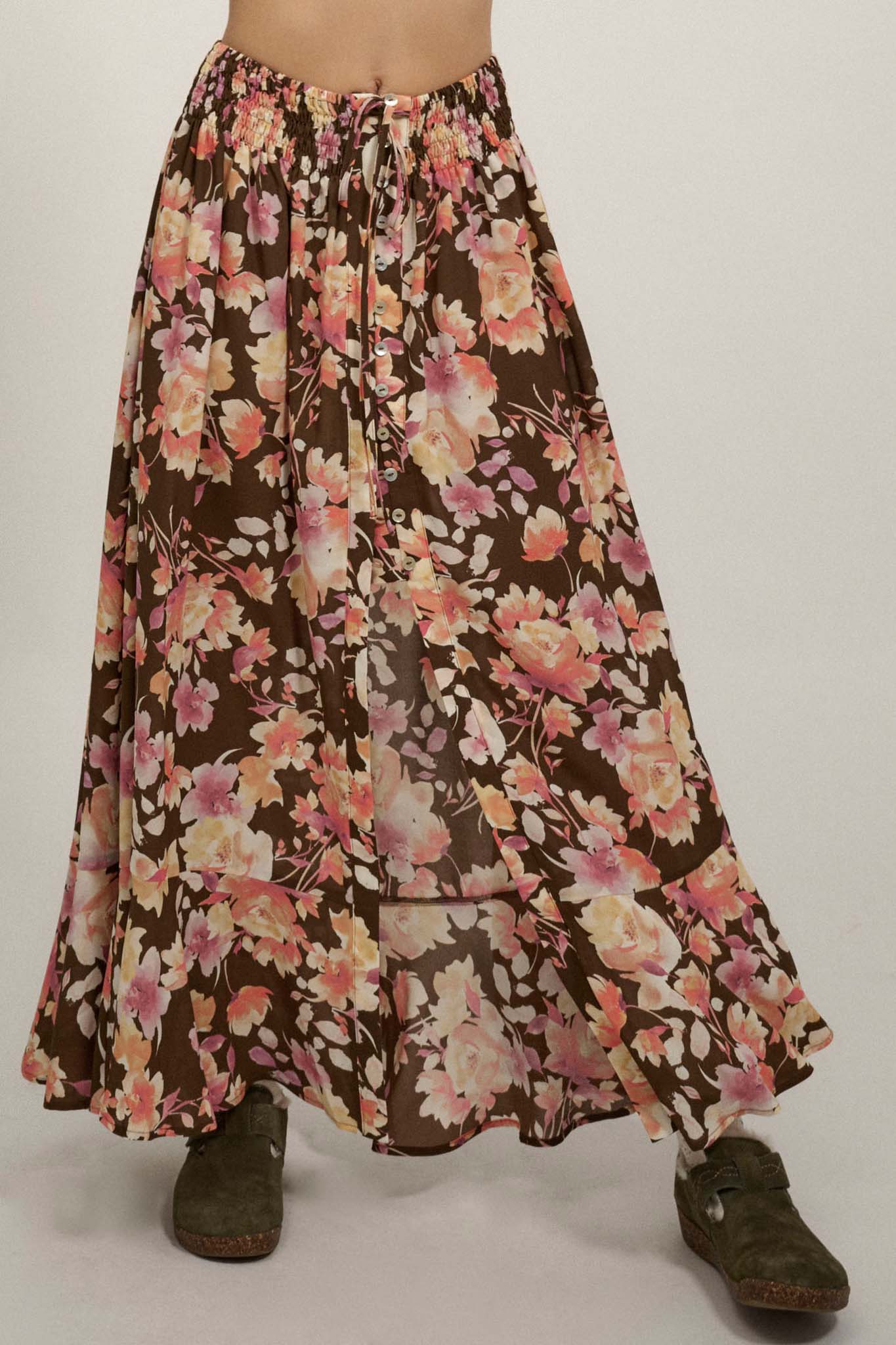 Harvest Dawn Floral Button-Front Maxi Skirt - ShopPromesa