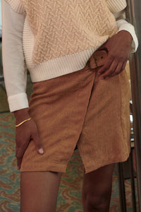 Dance with Me Belted Corduroy Wrap Mini Skirt Taupe S