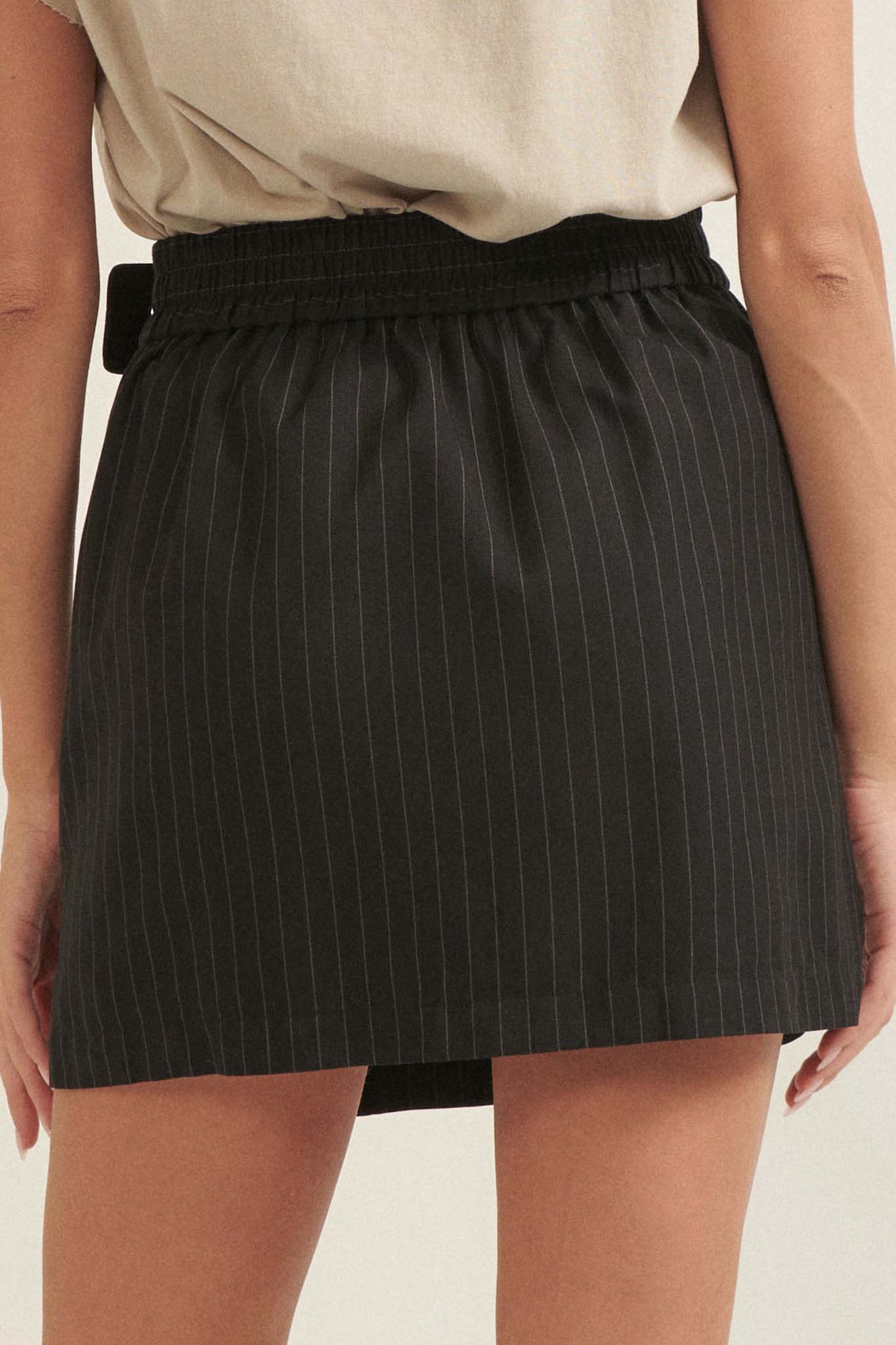 Boss Babe Pinstripe Belted Wrap Mini Skirt - ShopPromesa