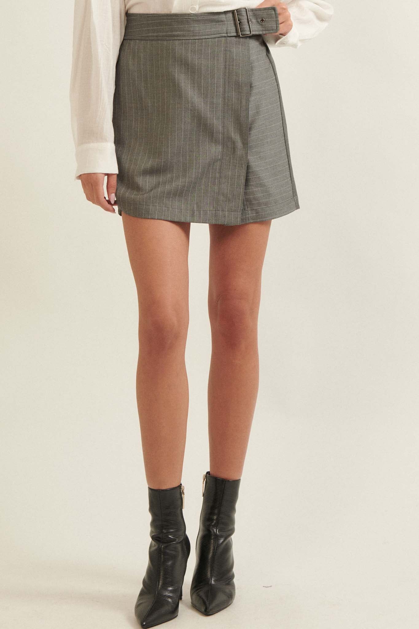 Boss Babe Pinstripe Belted Wrap Mini Skirt - ShopPromesa