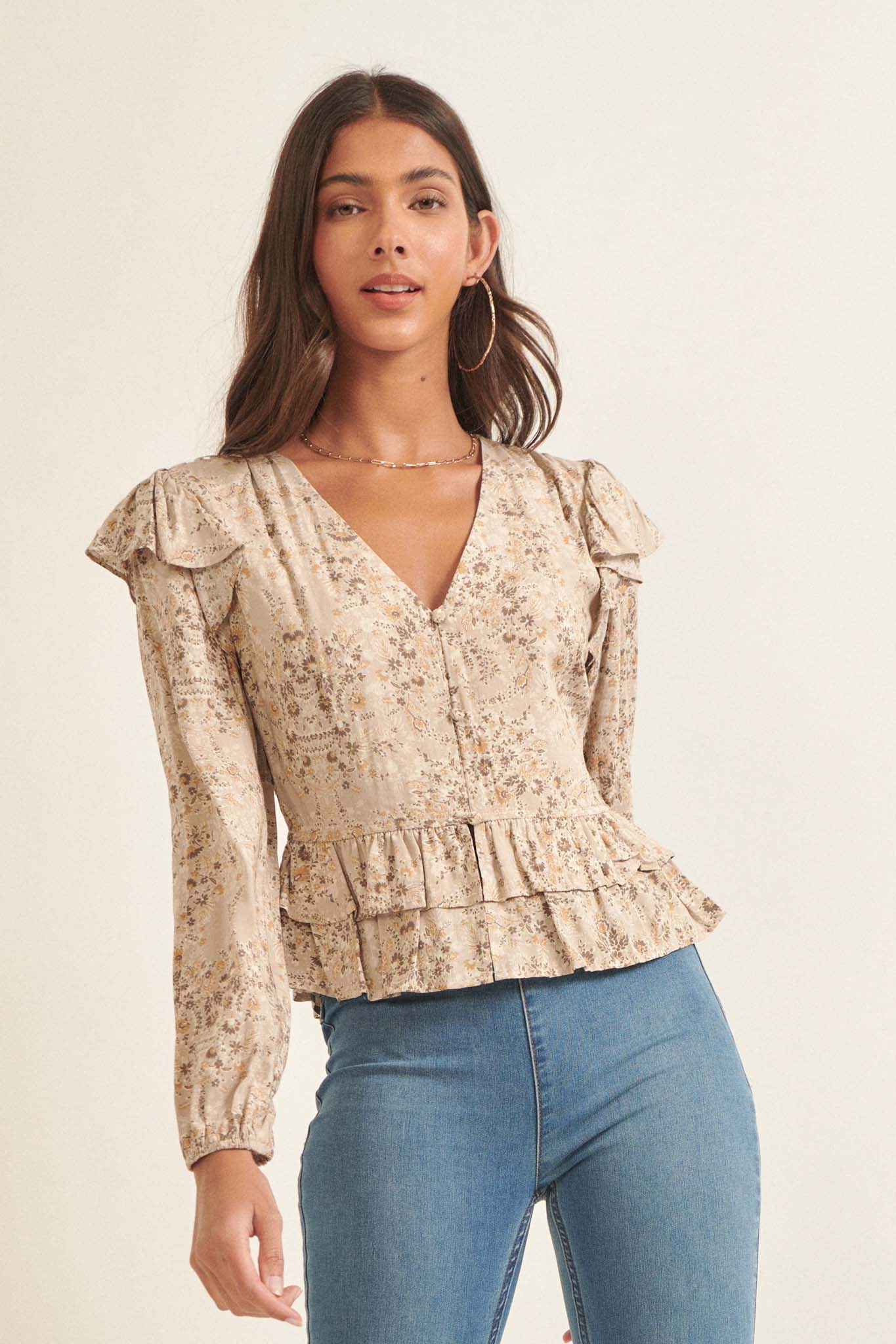 Pure Fantasy Ruffled Floral Button-Up Blouse - ShopPromesa