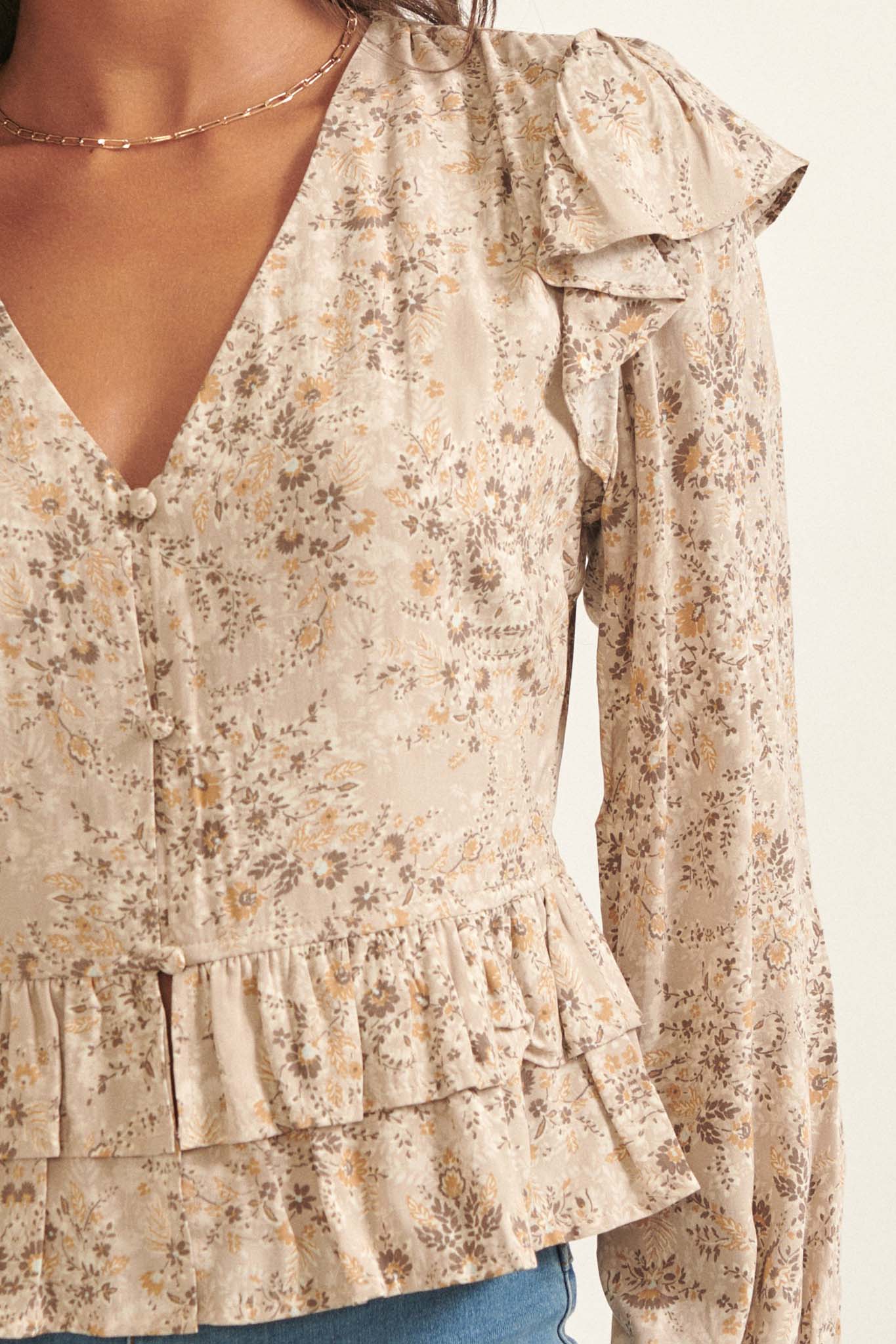 Pure Fantasy Ruffled Floral Button-Up Blouse - ShopPromesa