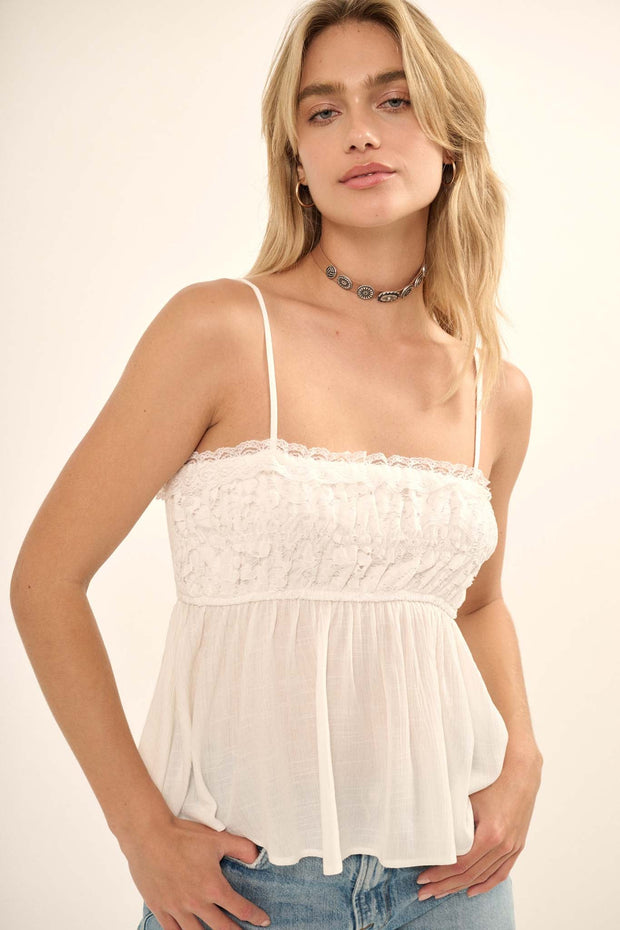 Shabby Chic Boho Top - Baby Doll Satin Cami with Lace Trim, USA