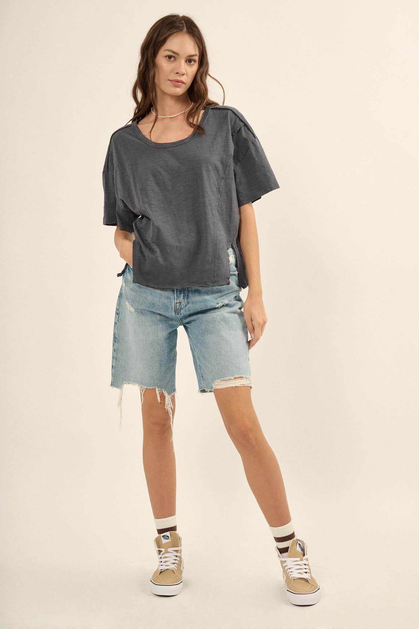 Easy Fit Vintage-Wash Slub Cotton Split-Hem Tee - ShopPromesa