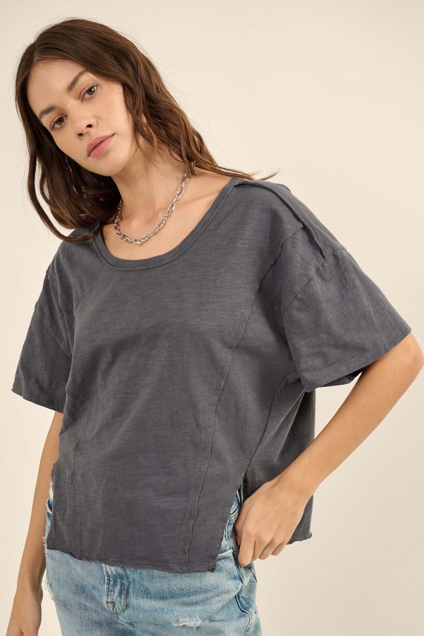 Easy Fit Vintage-Wash Slub Cotton Split-Hem Tee - ShopPromesa