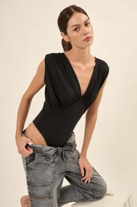 Lifted Fit Gathered Cap-Sleeve V-Neck Bodysuit - ShopPromesa