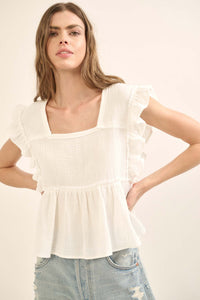 Flirty Flutter Ruffled Crinkle Cotton Babydoll Top - ShopPromesa