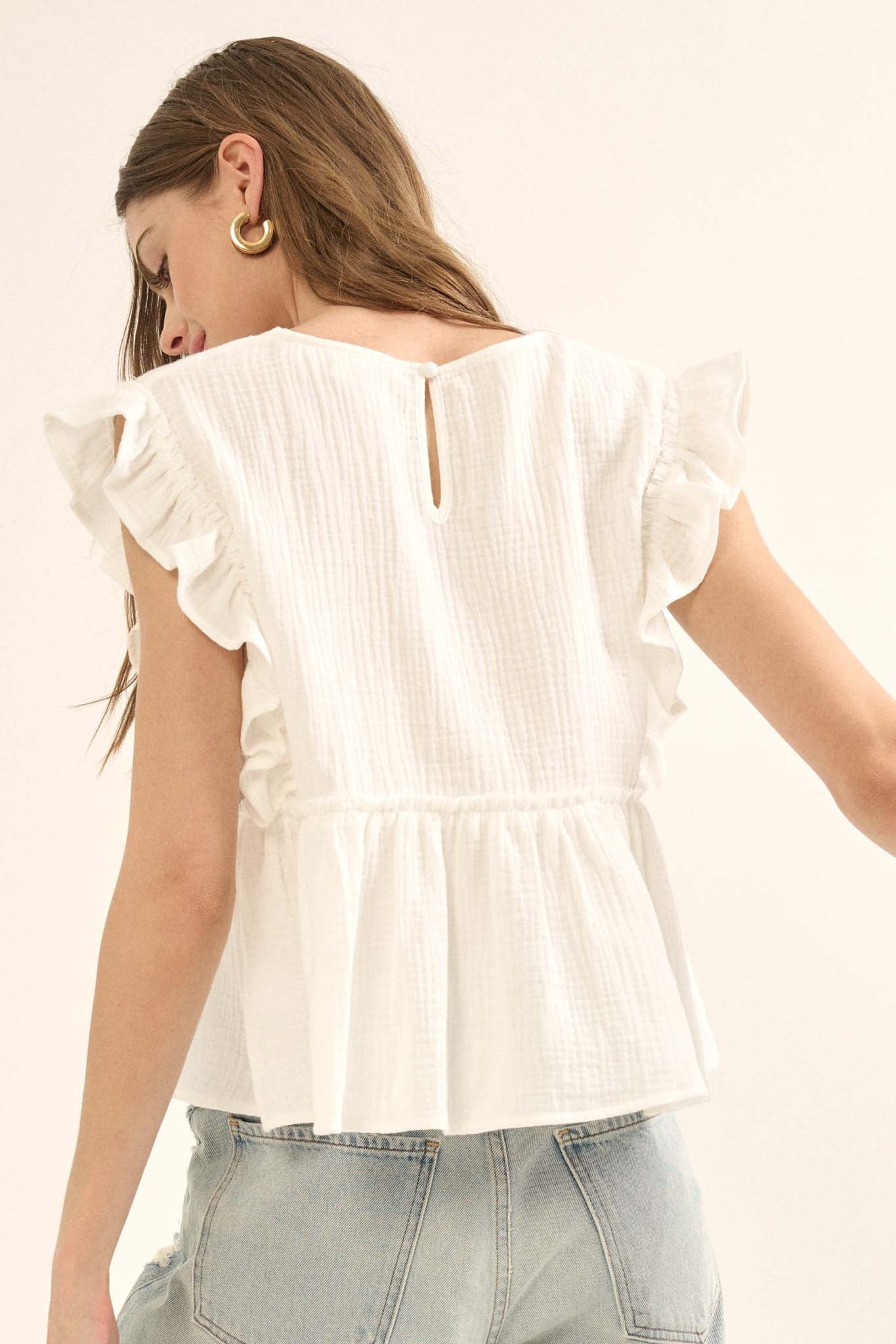 Flirty Flutter Ruffled Crinkle Cotton Babydoll Top - ShopPromesa