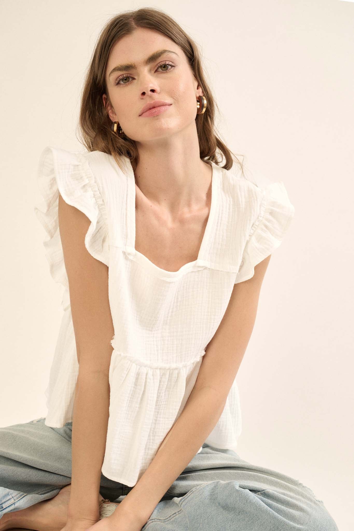 Flirty Flutter Ruffled Crinkle Cotton Babydoll Top - ShopPromesa