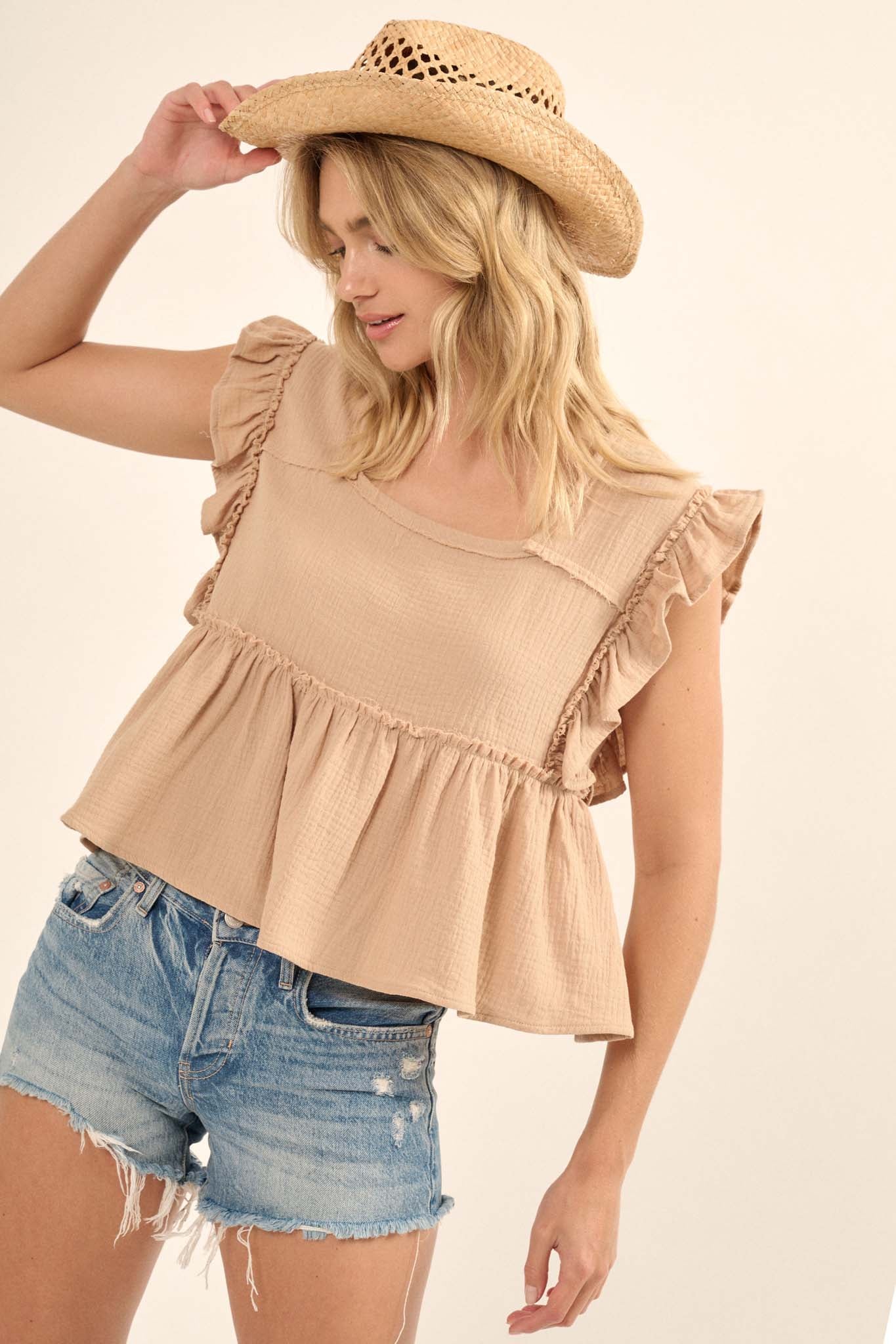 Flirty Flutter Ruffled Crinkle Cotton Babydoll Top - ShopPromesa