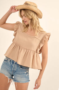 Flirty Flutter Ruffled Crinkle Cotton Babydoll Top - ShopPromesa