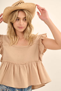 Flirty Flutter Ruffled Crinkle Cotton Babydoll Top - ShopPromesa