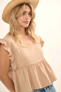 Flirty Flutter Ruffled Crinkle Cotton Babydoll Top - ShopPromesa