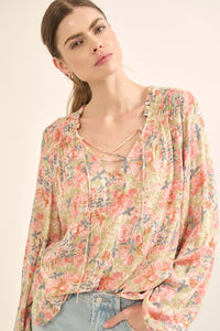 Painter's Soul Floral-Print Lace-Up Peasant Top - ShopPromesa