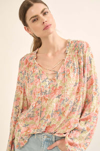 Painter's Soul Floral-Print Lace-Up Peasant Top - ShopPromesa