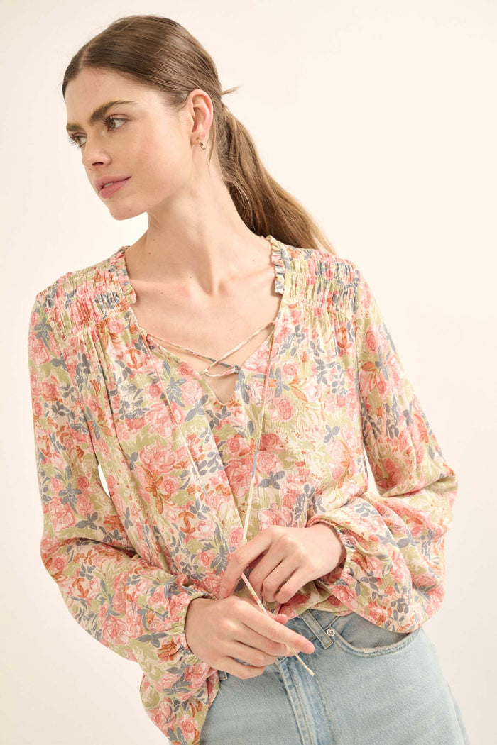 Painter's Soul Floral-Print Lace-Up Peasant Top - ShopPromesa