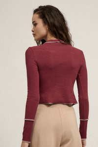 Sew Into You Contrast Stitch Collared Rib-Knit Top - ShopPromesa