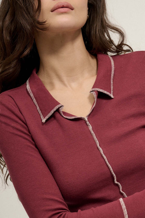 Sew Into You Contrast Stitch Collared Rib-Knit Top - ShopPromesa