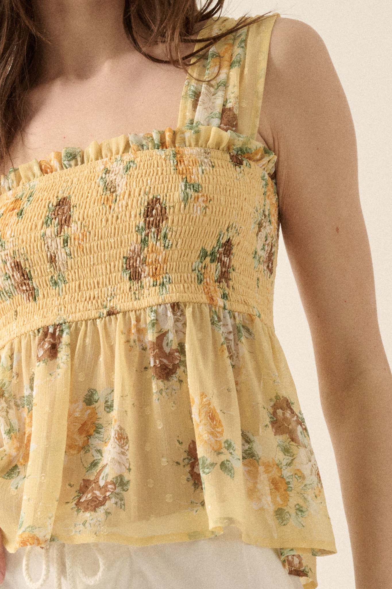 Sunlit Blooms Smocked Floral Chiffon Babydoll Top - ShopPromesa