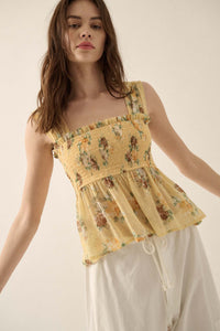 Sunlit Blooms Smocked Floral Chiffon Babydoll Top - ShopPromesa