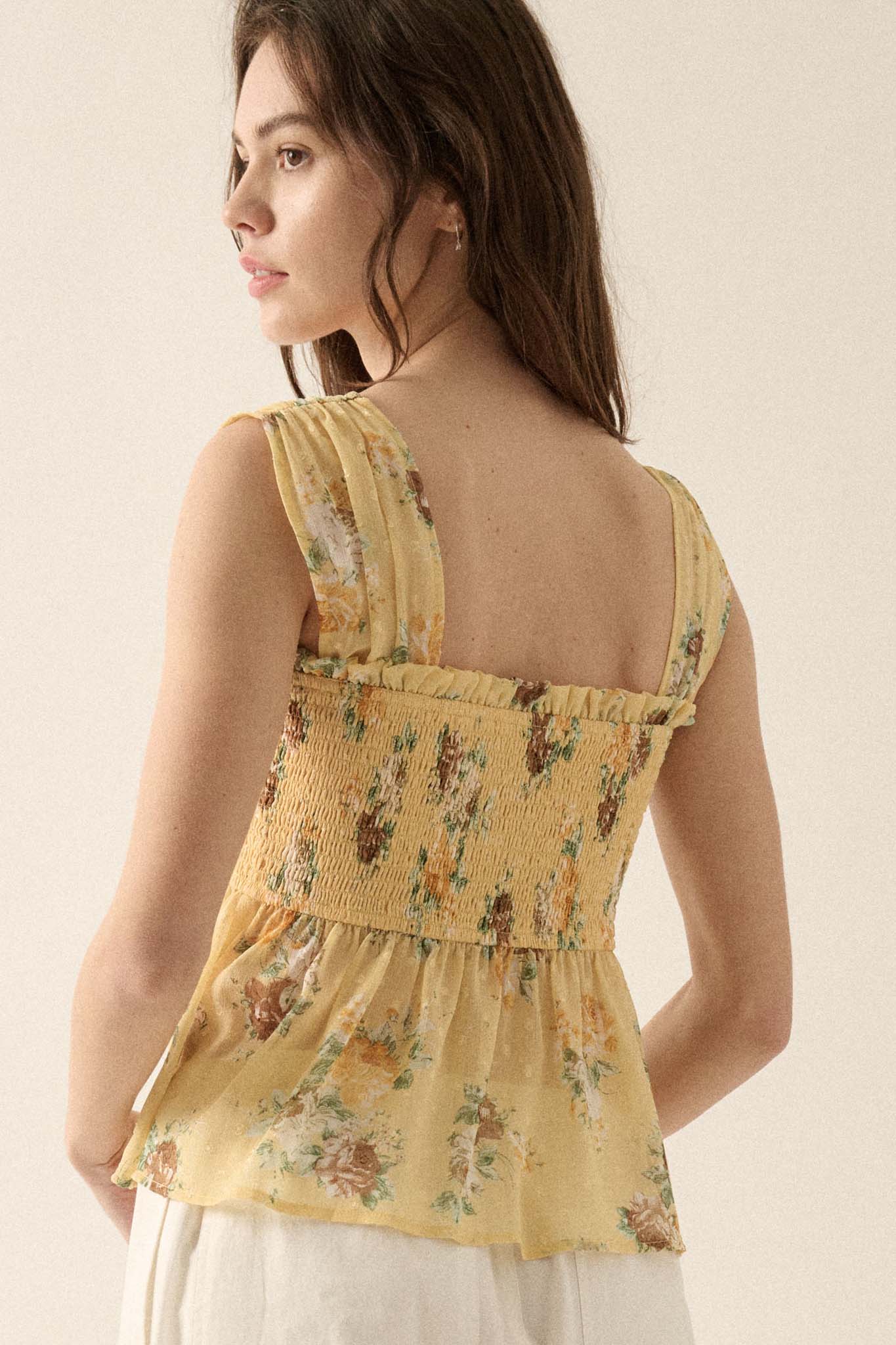 Sunlit Blooms Smocked Floral Chiffon Babydoll Top - ShopPromesa