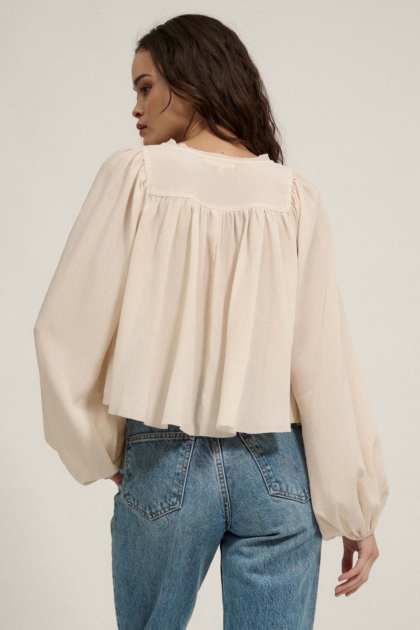 Wonderful Life Pleated Crepe Babydoll Peasant Top - ShopPromesa