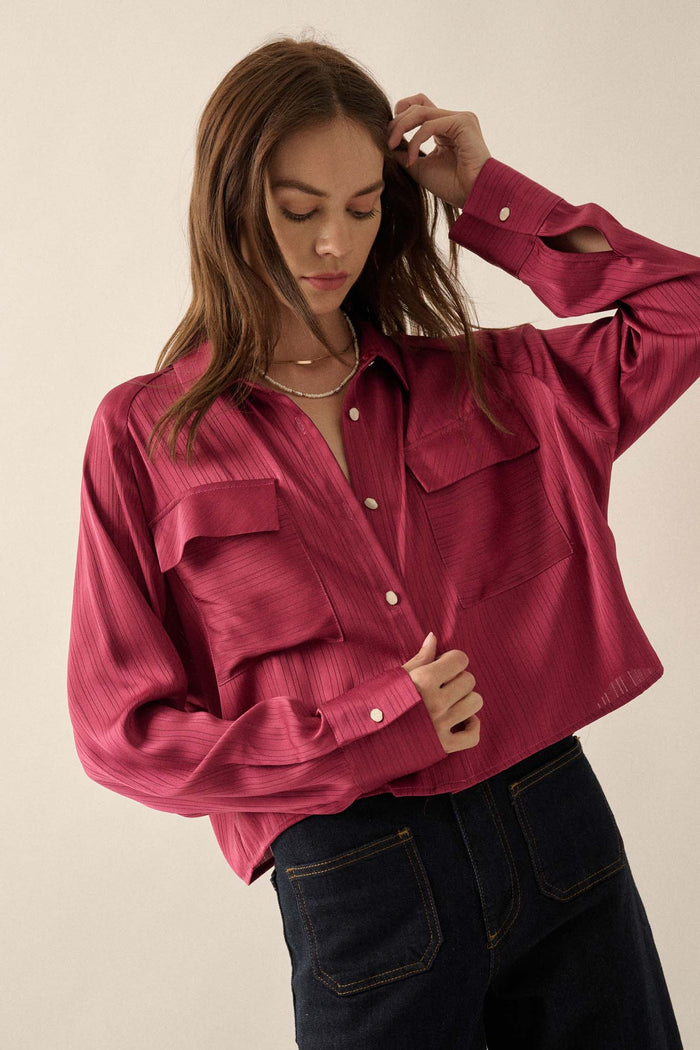 Silken Soul Striped Satin Button-Up Pocket Shirt - ShopPromesa