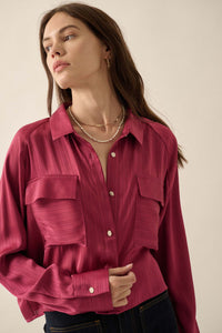 Silken Soul Striped Satin Button-Up Pocket Shirt - ShopPromesa