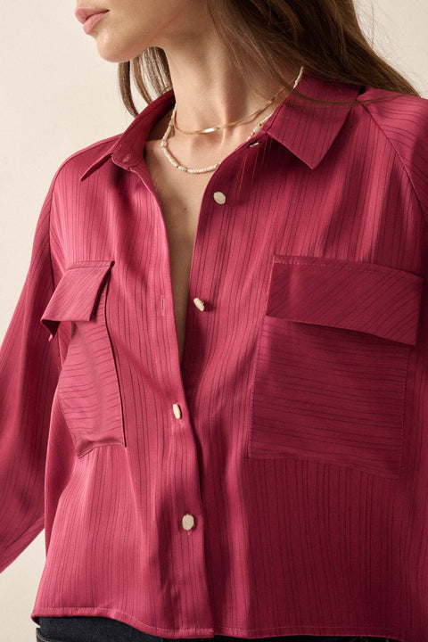 Silken Soul Striped Satin Button-Up Pocket Shirt - ShopPromesa