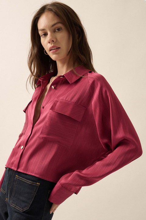 Silken Soul Striped Satin Button-Up Pocket Shirt - ShopPromesa
