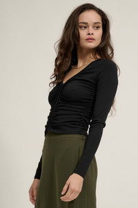 Lifted Fit Ruched Hook-Front Long-Sleeve Top - ShopPromesa