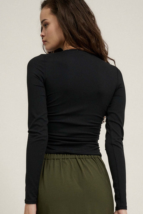 Lifted Fit Ruched Hook-Front Long-Sleeve Top - ShopPromesa