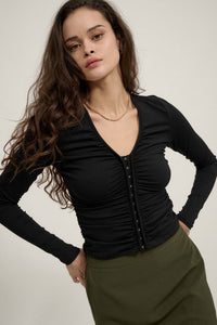 Lifted Fit Ruched Hook-Front Long-Sleeve Top - ShopPromesa