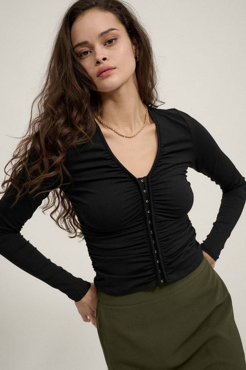 Lifted Fit Ruched Hook-Front Long-Sleeve Top - ShopPromesa