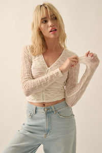 Any Which Wave Ruched Mesh Button-Front Top - ShopPromesa