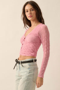 Any Which Wave Ruched Mesh Button-Front Top - ShopPromesa