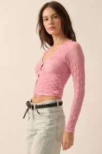 Any Which Wave Ruched Mesh Button-Front Top - ShopPromesa