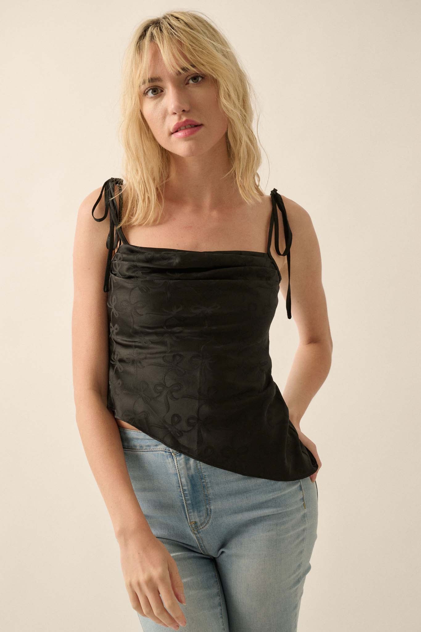 Bow Down Satin Jacquard Asymmetrical Cami Top - ShopPromesa