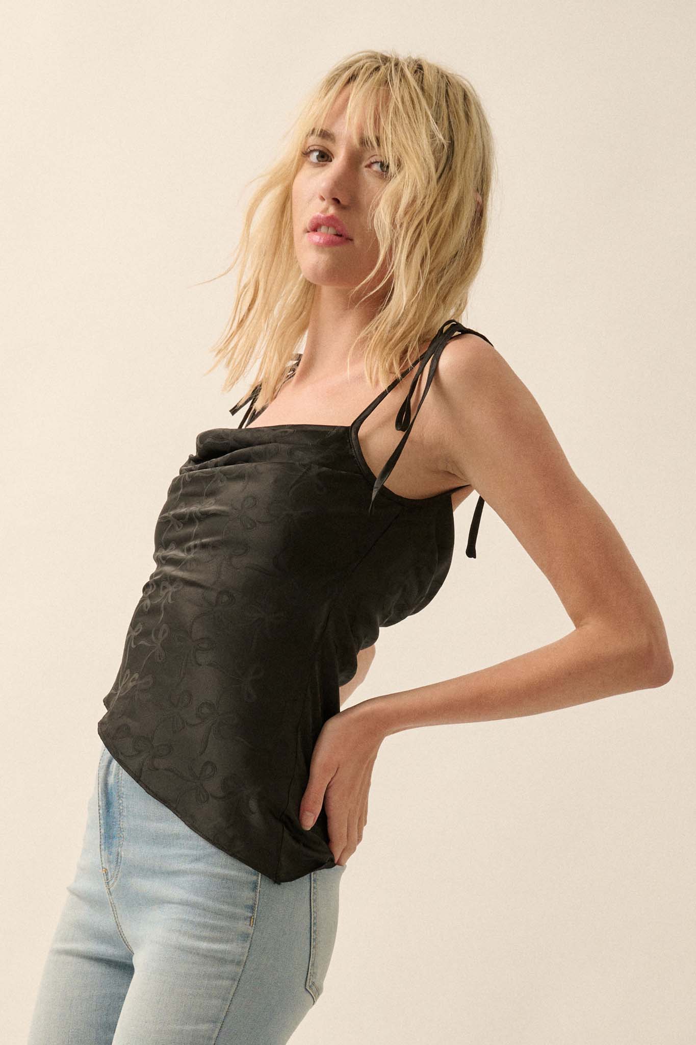 Bow Down Satin Jacquard Asymmetrical Cami Top - ShopPromesa