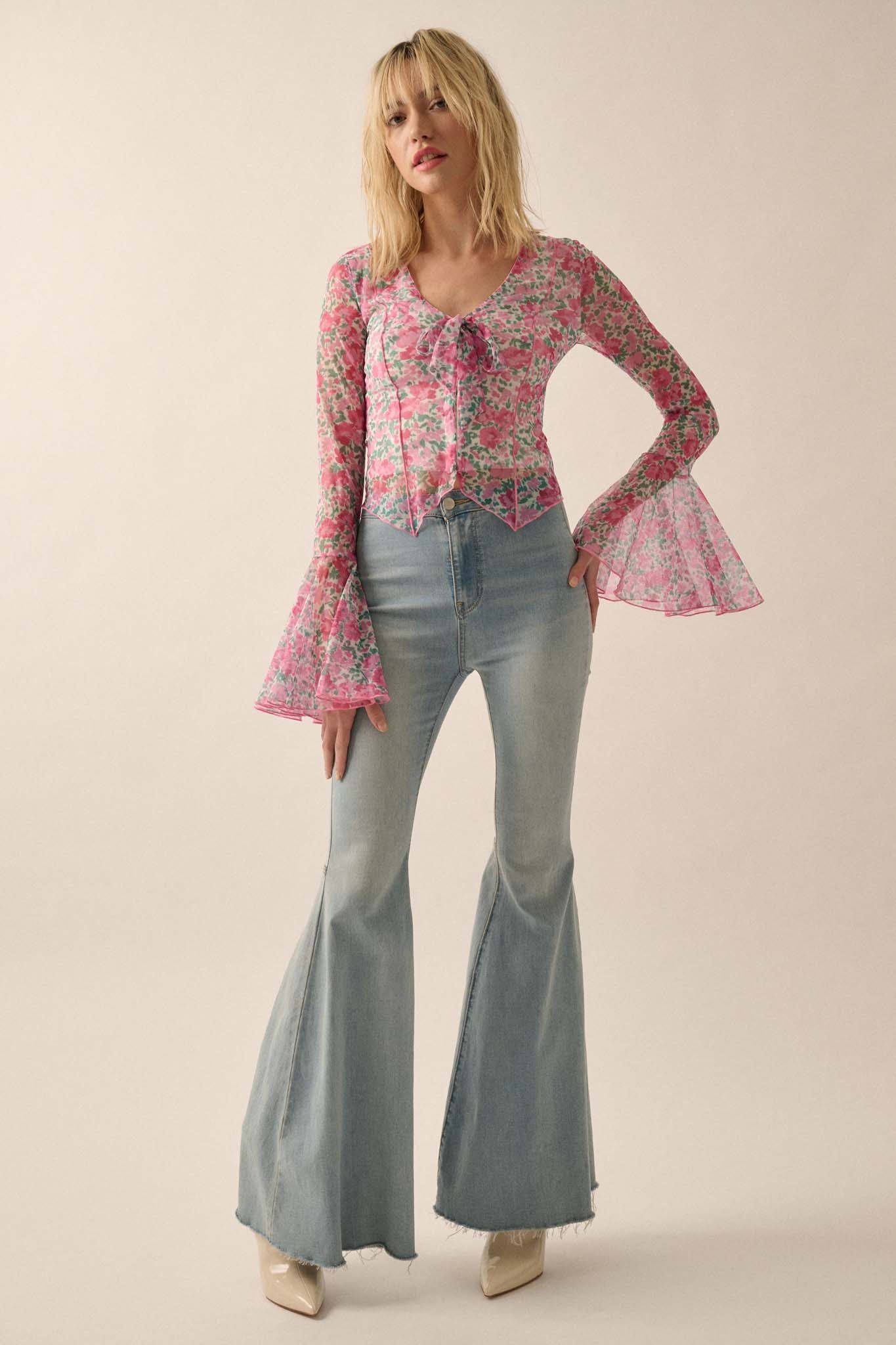 Fabulous Flowers Floral-Print Mesh Bell-Sleeve Top - ShopPromesa