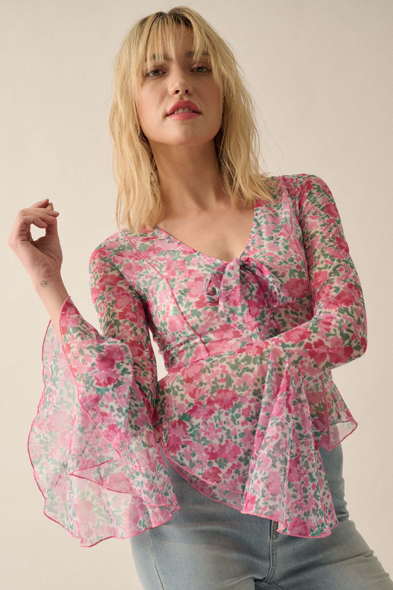 Fabulous Flowers Floral-Print Mesh Bell-Sleeve Top - ShopPromesa