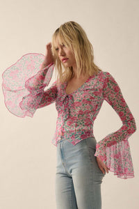 Fabulous Flowers Floral-Print Mesh Bell-Sleeve Top - ShopPromesa