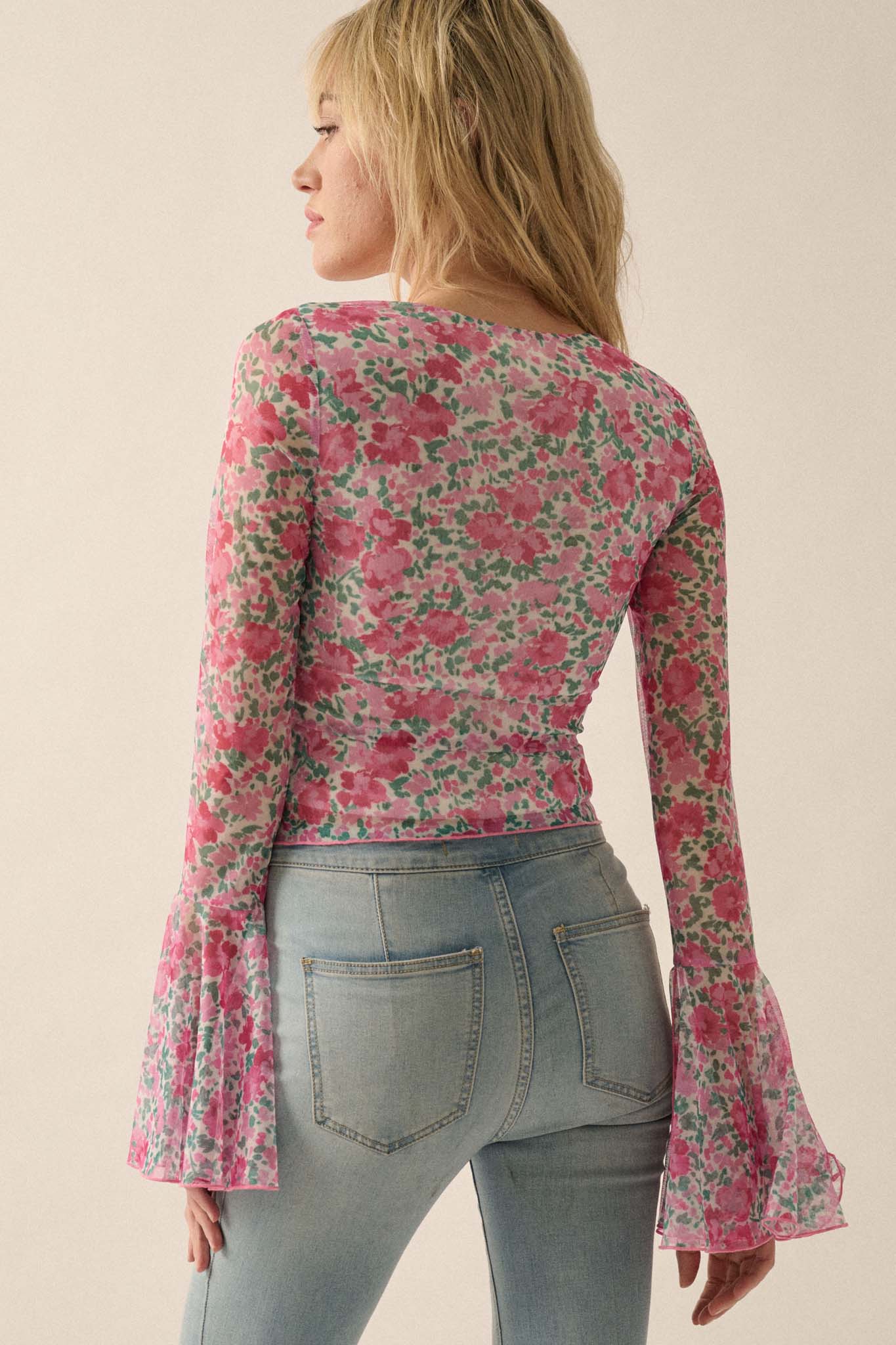 Fabulous Flowers Floral-Print Mesh Bell-Sleeve Top - ShopPromesa