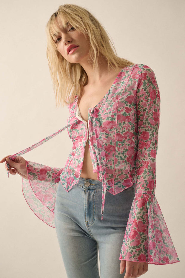 Fabulous Flowers Floral-Print Mesh Bell-Sleeve Top - ShopPromesa