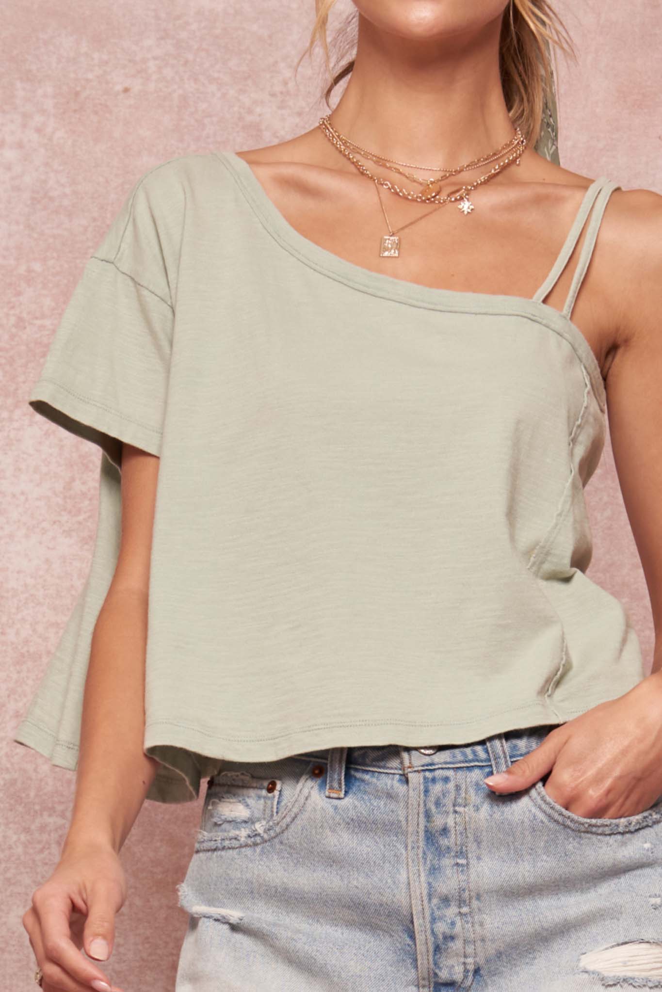 Casual Cutie Cropped Slub-Knit One-Shoulder Tee - ShopPromesa