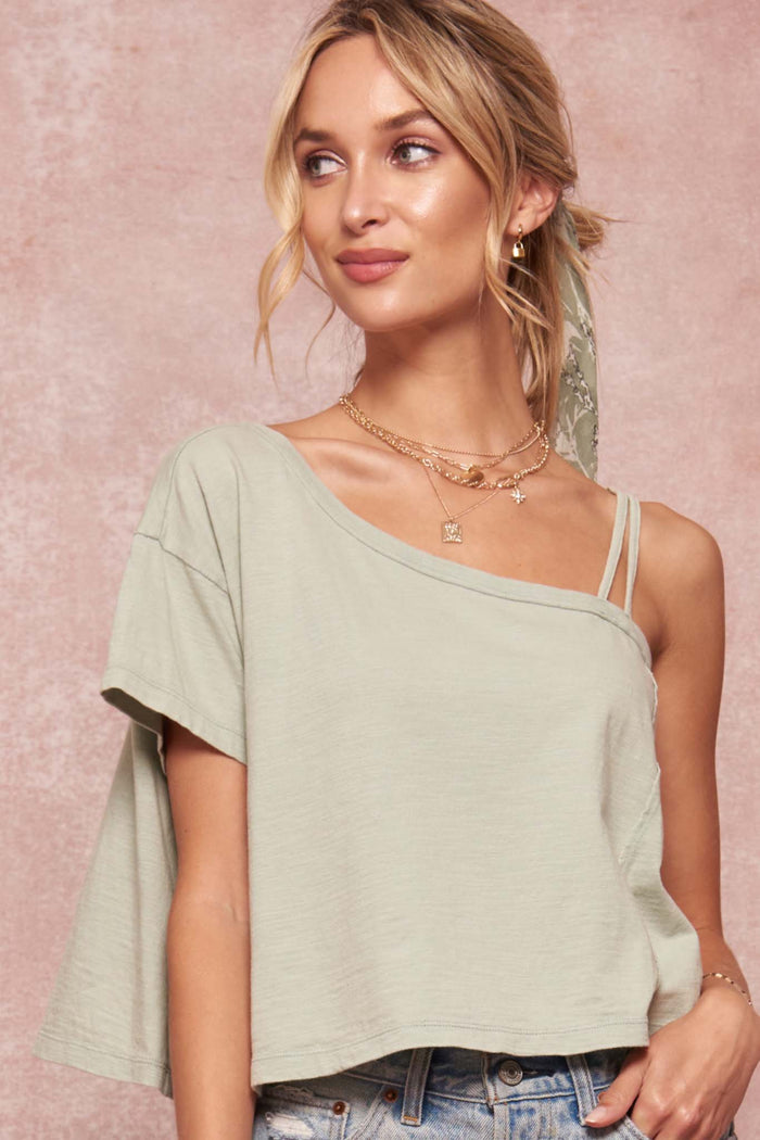 Casual Cutie Cropped Slub-Knit One-Shoulder Tee - ShopPromesa