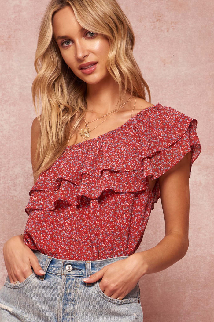 Floral One-Shoulder Flounce Bodysuit - ShopPromesa