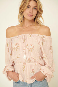 Falling Flowers Swiss Dot Peplum Peasant Top - ShopPromesa