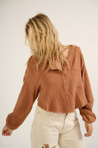 Easy Life Cropped Crinkle Cotton Henley Top - ShopPromesa